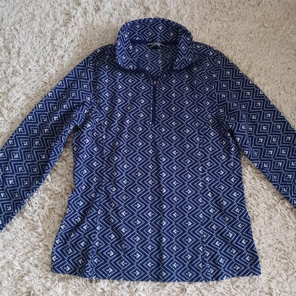 Lands’ End Women’s Medium 1/4 Zip Fleece Pullover Blue White Diamond Pattern - Picture 1 of 7
